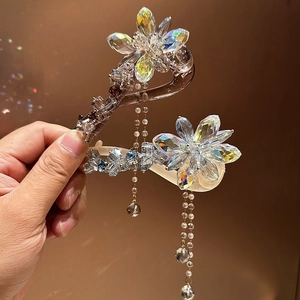 Pince à Cheveux de Luxe Style Coréen Avec Fleur en Cristal Et Pendentif à Long Gland Accessoires de Cheveux Élégants Pour Femmes