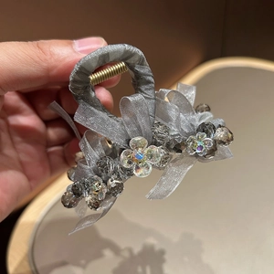 Handmade Grey Mesh Bow Hair Claw Clip Elegant Rhinestone Flower Decor Large Princess Hair Accessory For Women Jewelry