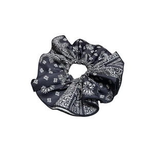 Navy blue paisley scrunchie with vintage floral pattern and cotton texture for women