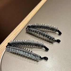 Elegant banana hair clip set with grey mesh gauze and crystal beads for women