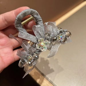 Elegant silver grey mesh bow hair claw clip with crystal accents for women