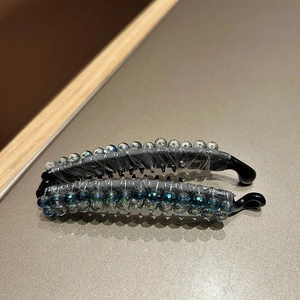 Elegant banana clip with blue and grey crystal beads and grey fabric wrap for ponytail