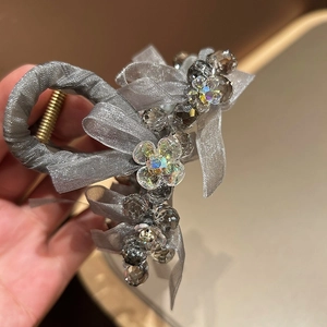Elegant grey mesh bow hair claw with crystal beads and floral accents in Korean style