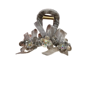 Elegant grey mesh bow hair claw clip with crystal beads and sequins for women