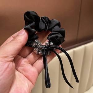 Elegant Black Satin Scrunchie With Ribbon Streamers And Rhinestone Decor Simple Fashion Hair Tie For Women Girls Accessory