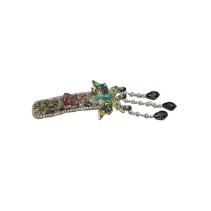 Vintage gold hair clip with green rhinestones, pink stones and beaded tassels