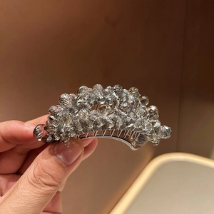 Sparkling crystal beaded banana hair clip with silver metal comb teeth for women