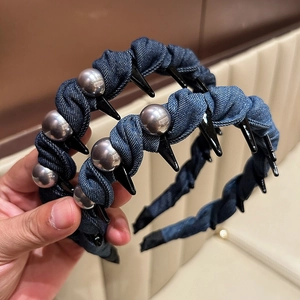 Vintage Denim Padded Headband With Faux Artificial Pearls And Spikes Punk Wide Hair Band With Teeth For Women Fashion Hair Accessories
