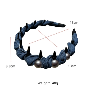 Detail view of denim headband with pearls and studs, showing size 15cm and 40g weight