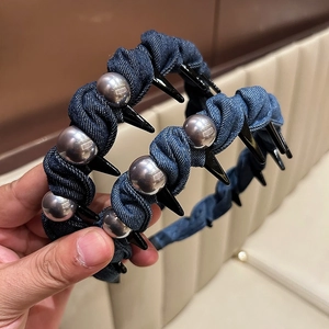 Denim headband with silver metal beads and black punk studs for high crown styling