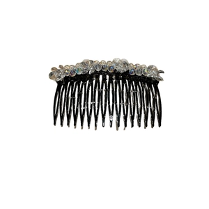 Elegant black hair side comb with colorful sparkling crystal beads on a white background
