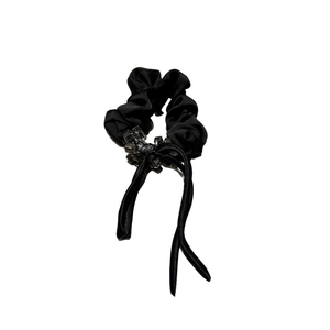 Elegant black silk scrunchie with long ribbons and sparkling rhinestone details