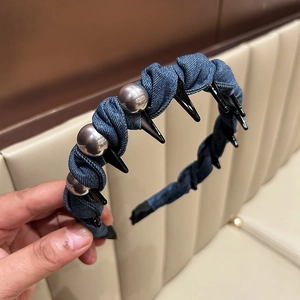 Blue denim headband with silver beads and punk spikes to increase hair volume