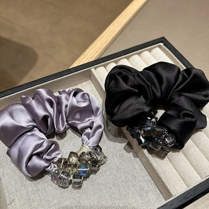 French Luxury Satin Rhinestone Scrunchie For Women Elegant Handmade Oversized Hair Ties Retro Crystal Embellished Hair Bands Fashion Accessories