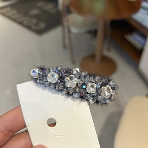 Vintage Luxury Rhinestone Hair Clip For Women Elegant Black Plush BB Clip Handmade Rhinestone Side Hairpin Accessories