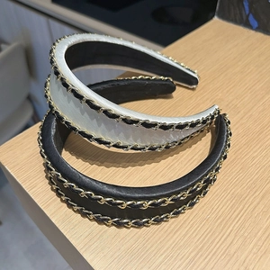 Serre-tête Vintage en Similicuir à Double Chaîne Pour Femmes Bandeau Rembourré à Bord Large Chic Rétro Accessoires de Cheveux