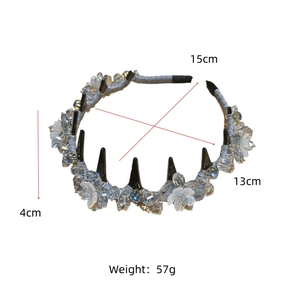 Detailed dimensions of the floral crystal headband showing 15cm width and 57g weight