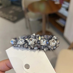 Luxurious rhinestone BB hair clip with dark grey faux fur and sparkling floral crystals