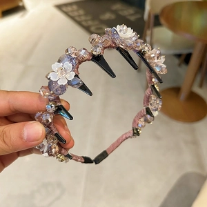 Floral crystal headband with pink fabric padding and non-slip comb teeth for women