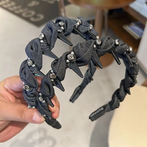 Cerchietto Per Capelli Intrecciato In Denim Punk Da Donna Con Punte Nere E Strass Fatto A Mano Accessorio Moda