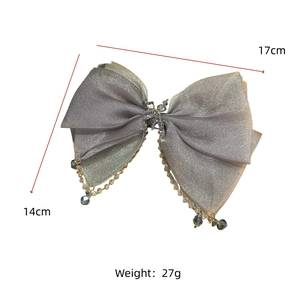 Detailed size specifications for the grey tulle crystal bow hair clip with bead charms