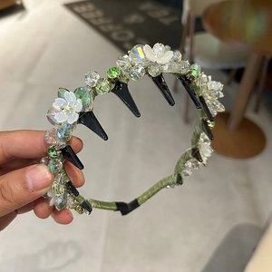 Elegant crystal lily of the valley headband with green beads and non-slip inner hair clips