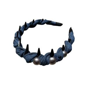 Punk style denim headband with black cone studs and dark grey faux pearls for women