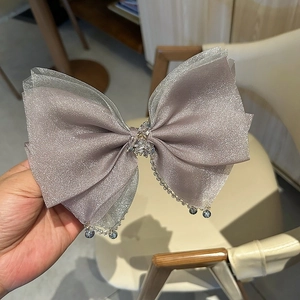 Elegant large lilac organza bow hair clip with crystal cluster and beaded chain pendant