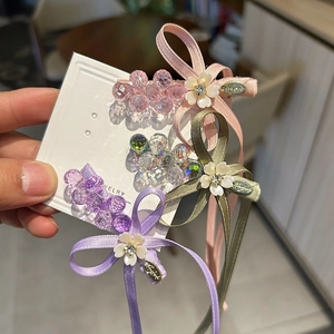 Lot de trois barrettes à cheveux nœuds doux avec perles en cristal et ruban satin