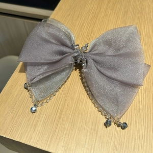 Lilac shimmer organza bow hair clip with sparkling crystal beaded tassels