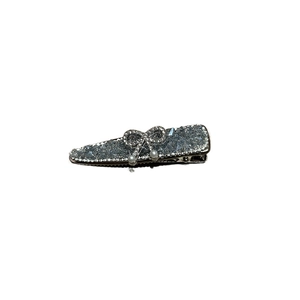 Elegant blue crystal bow hair clip with white pearls and sparkling rhinestone accents