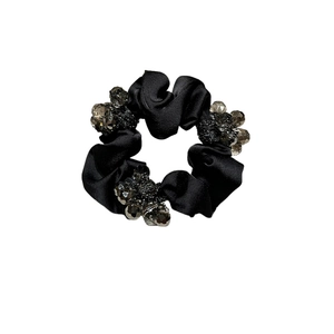 Elegant black satin scrunchie featuring faceted smoky grey crystal beads and high elasticity