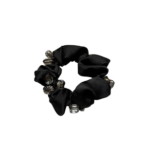 Elegant black satin hair scrunchie with faceted crystal beads and pearl accents for women