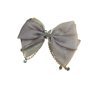 Elegant purple gauze bow hair clip with crystal center and hanging beaded tassels
