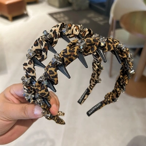 Leopard Print Headband With Punk Spikes And Crystals Non-Slip Fluffy High Crown Hairband Handmade Fashion Hair Accessories