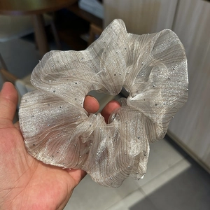 French vintage oversized silver glitter scrunchie with sequins and stripe texture