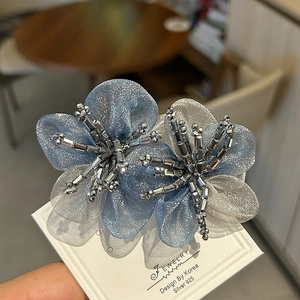 Handmade Elegant Organza Flower Hair Clip Featuring Mesh Petals And Sparkling Crystal Beads For Women Wedding Party Jewelry