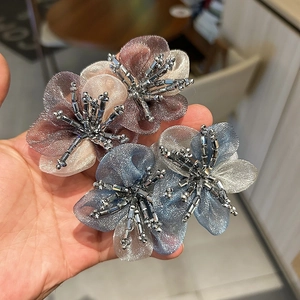 Elegant organza flower hair clips with crystals and beads in pink and blue colors