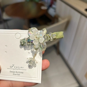 Colorful crystal floral hair clip with silk wrapping and dangling petal pendant decoration
