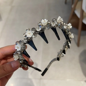Handmade beaded crystal headband with white flowers and grey faceted beads for women