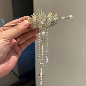 Elegant Chinese wing hair pin with rhinestone accents and hanging pearl tassels