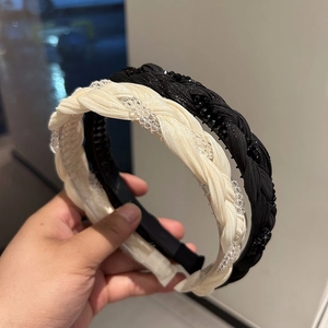 Elegant woven crystal headbands for women in black and cream white with non-slip teeth