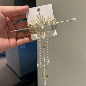 Chinese Style Gold Wing Tassel Hair Stick With Faux Artificial Pearl Rhinestones For Women Hanfu Retro Phoenix Hair Fork Accessory