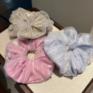 Sweet Floral Sequin Mesh Striped Fabric Scrunchie Elegant Double Layer Hair Tie For Women Girls Hair Accessories