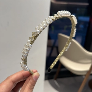 Vintage Artificial Baroque Pearl Bow Headband For Women Elegant Gold Wire Wrapped Hair Hoop Wedding Party Rhinestone Hair Accessories