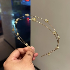 Double-layer gold metal headband with sparkling rhinestone flowers for women