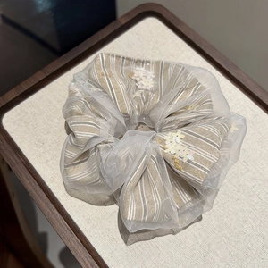 Elegant floral striped scrunchie with sequins and sheer tulle overlay for women