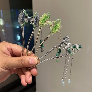 Neuer Chinesischer Stil Legierung Schmetterling Blume Haarnadel Mit Quaste Imitat Jade Bambusblatt Haargabel Damen Schmuck