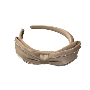 Elegant champagne satin headband with double-row rhinestone bow accessory for women