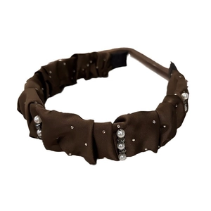 Elegant pleated brown satin headband with sparkling rhinestones and pearl embellishments